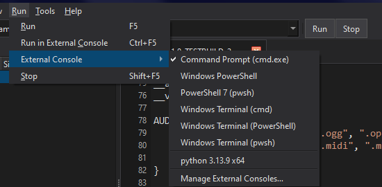 External console selection